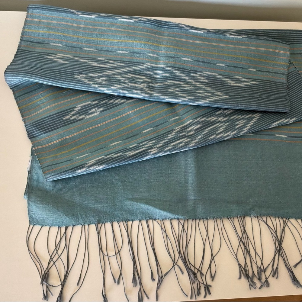 Silk Blue Teal Fringe Scarf